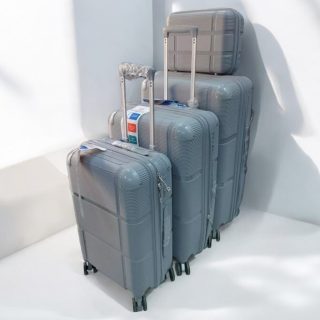 4in1 rubber travel suitcase set grey trolley bags with wheels and make up bag